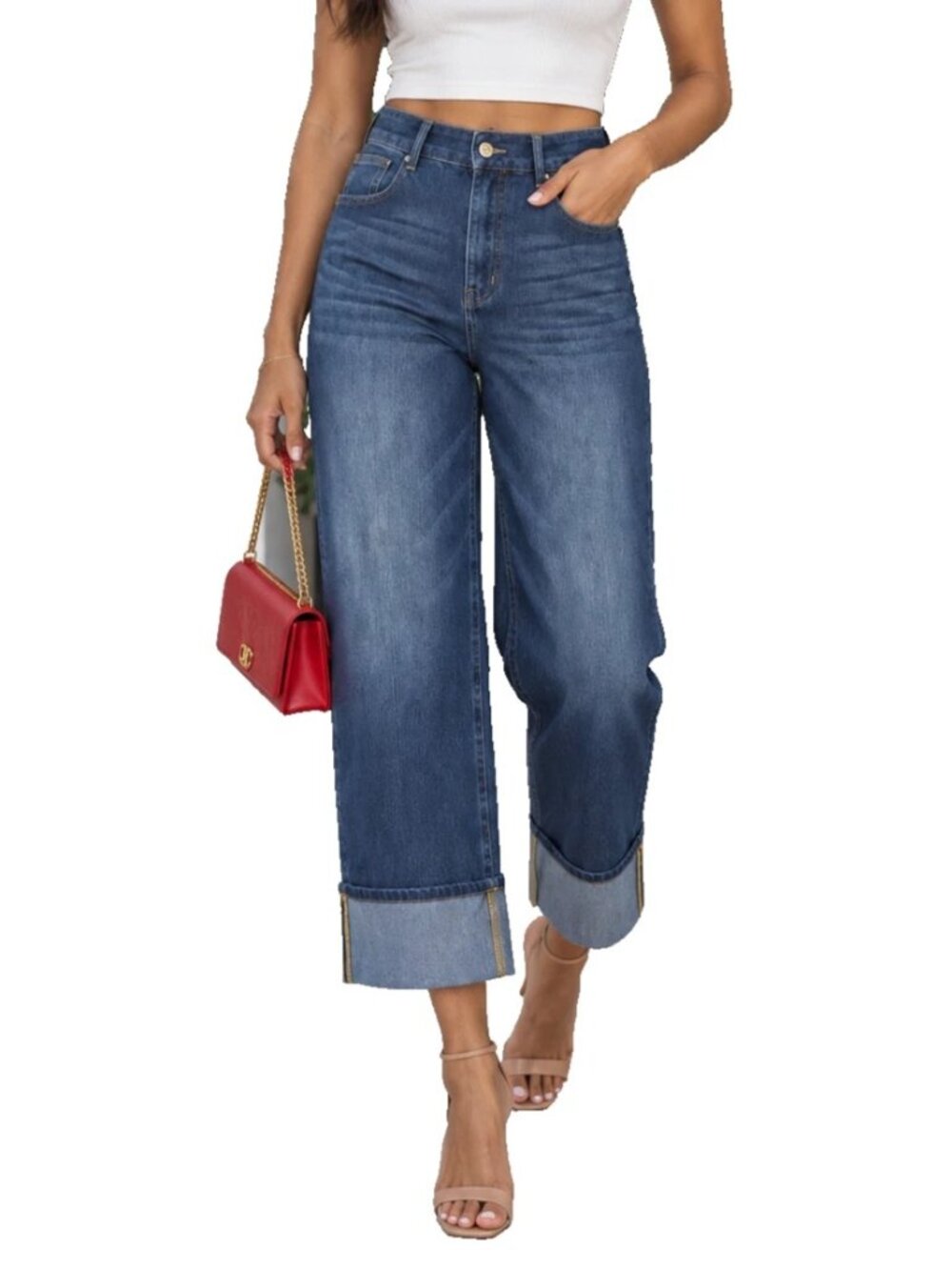 Halara Flex Denim High Waisted Pockets Rolled Hem Wide Leg Jeans Sz S Small